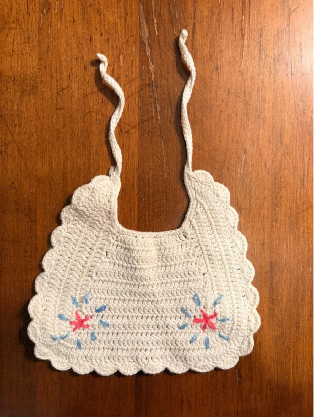 Vintage Handmade Crochet Baby Bib Cream Floral Embroidery 0–3M